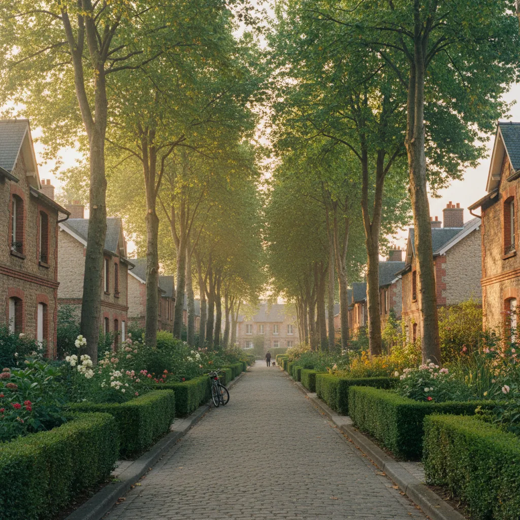 Maisons en bande de la cité-jardins de Gennevilliers avec leurs jardins privatifs et façades en meulière