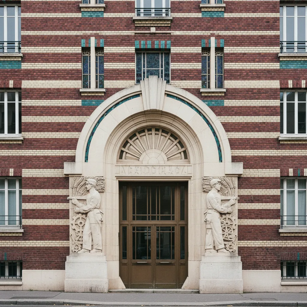 Portique Art déco sculpté à l'entrée d'un groupe HBM de Colombes, années 1930