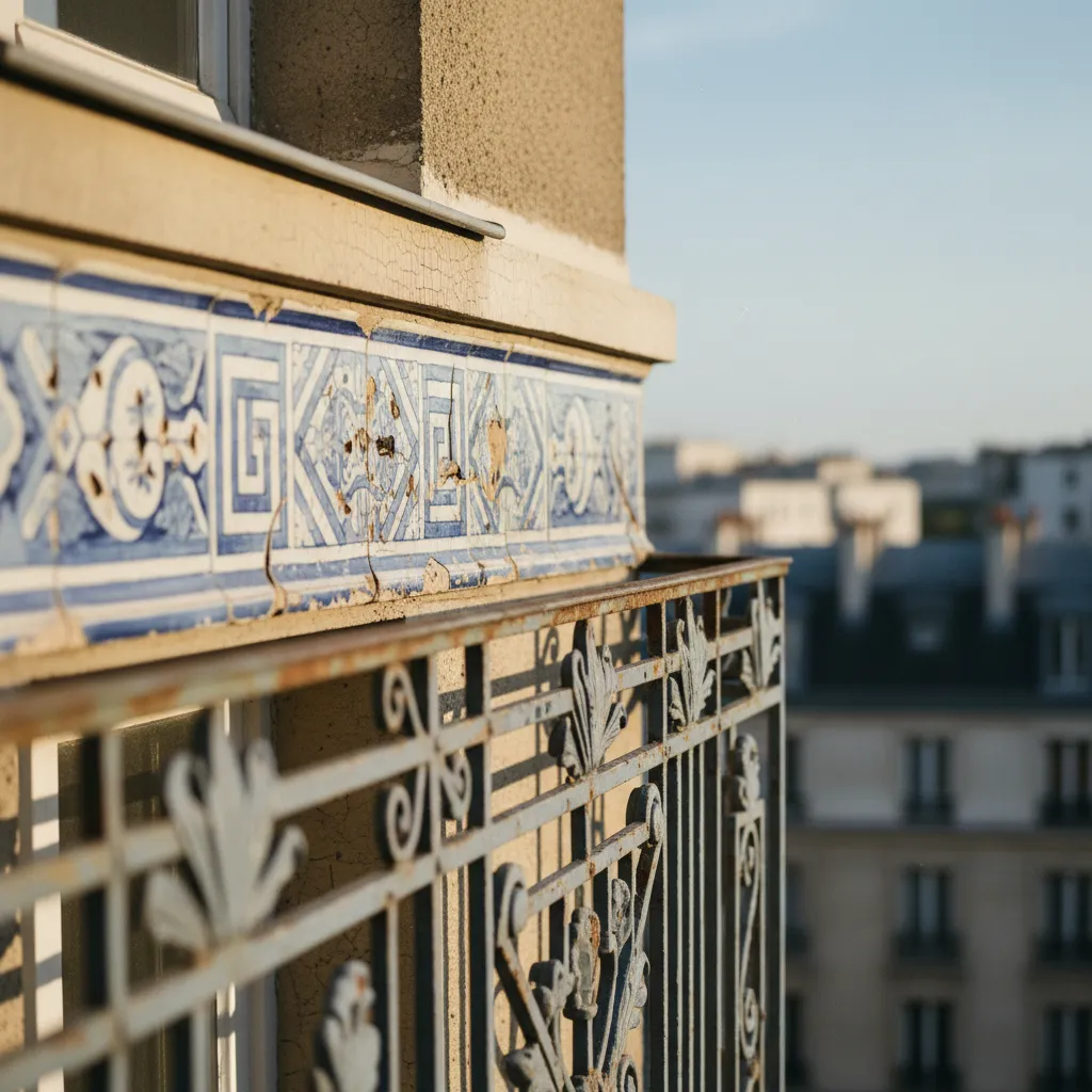 Détail d'une frise en céramique vernissée et d'une ferronnerie Art déco sur un immeuble HBM d'Asnières