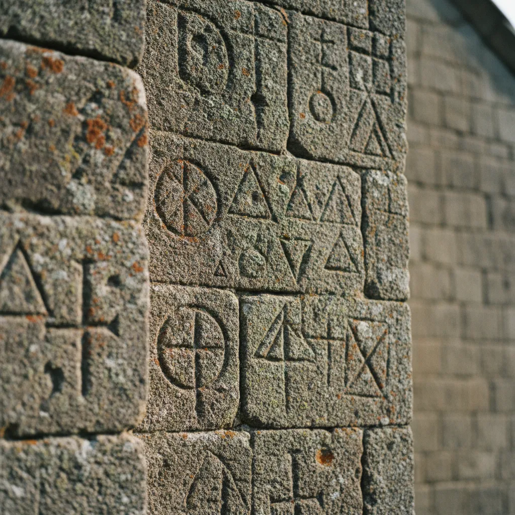 Détail des moellons calcaires du clocher roman avec marques de tâcheron visibles