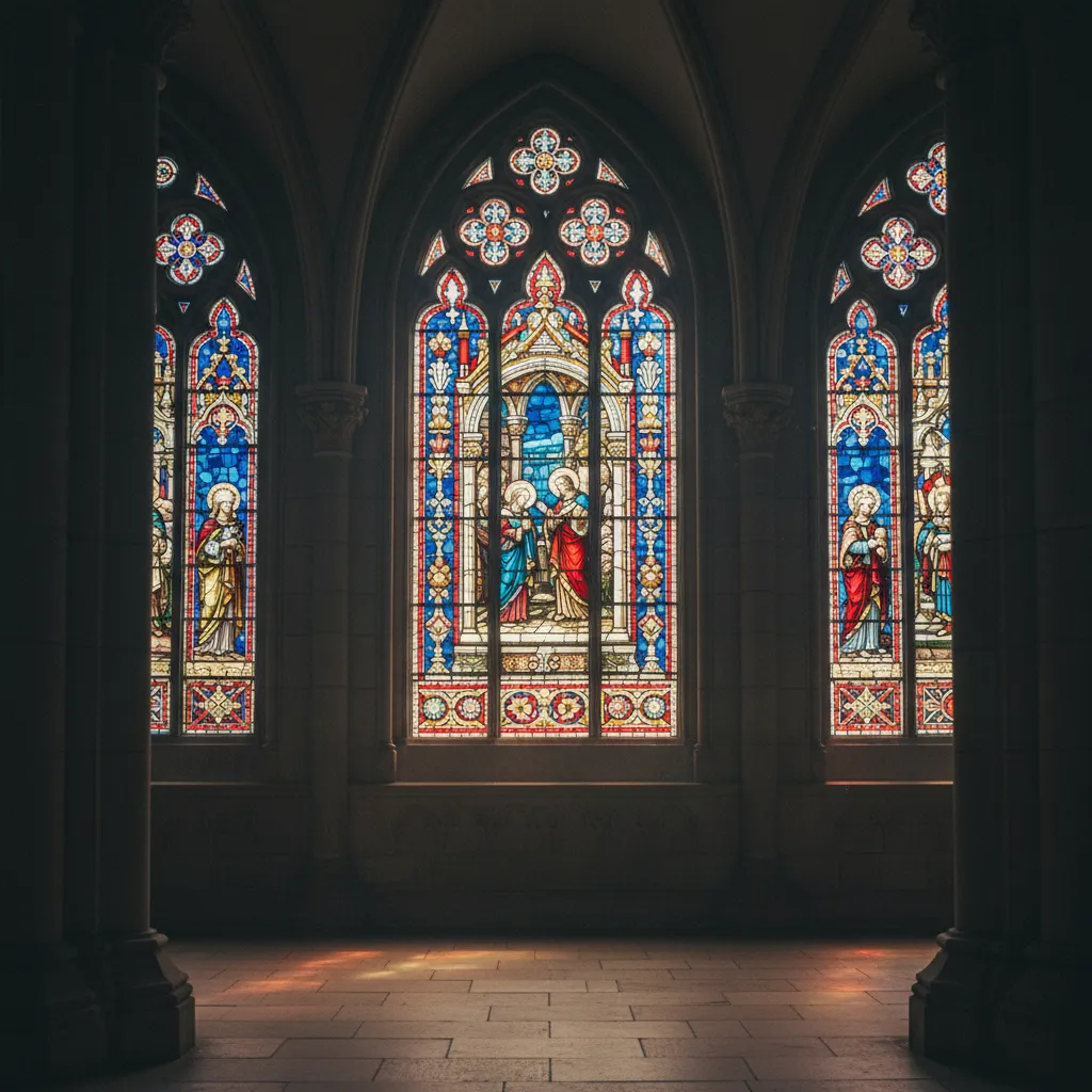 Les vitraux du chœur réalisés par l'atelier Lorin de Chartres en 1858, aux couleurs bleu cobalt et rouge rubis