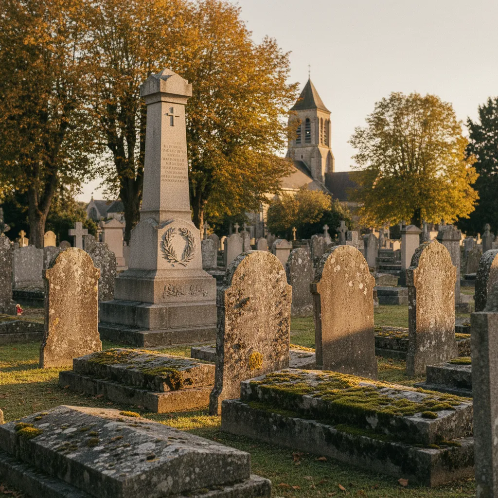Le cimetière ancien de Gennevilliers et ses stèles du XVIIIe siècle, avec le clocher en arrière-plan
