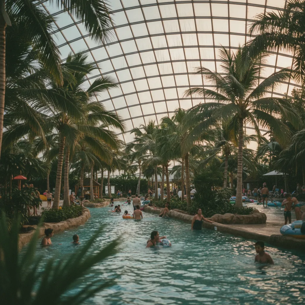L'ambiance tropicale d'un grand complexe aquatique couvert, avec lagon et palmiers sous verrière
