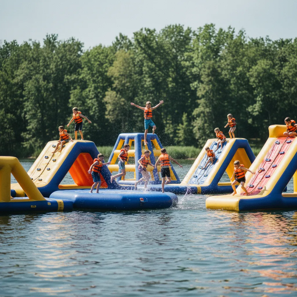 Parcours aquatique gonflable sur un lac francilien : gilets de sauvetage obligatoires pour les enfants