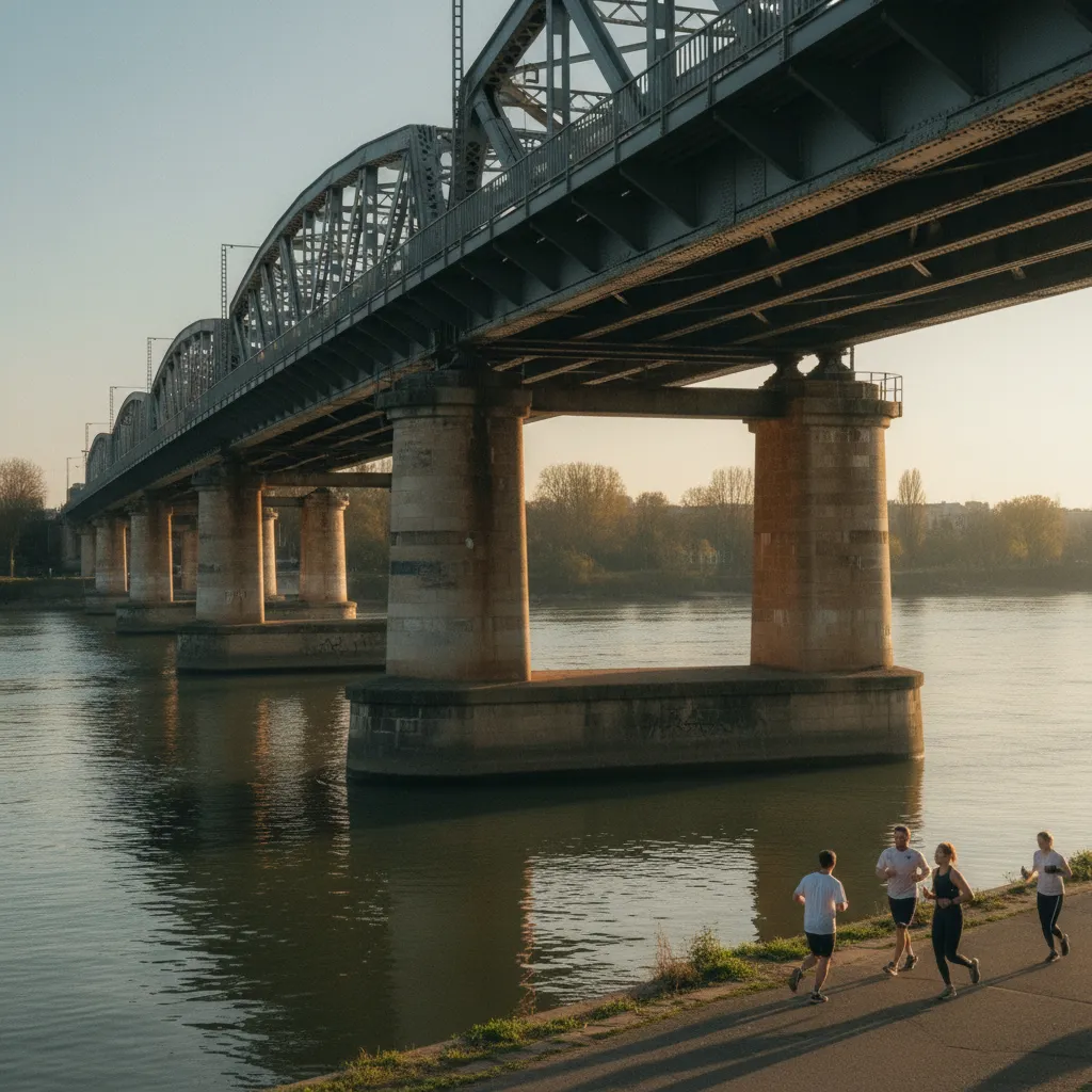 Le pont ferroviaire d'Asnières vu depuis le chemin de halage, avec sa structure métallique caractéristique
