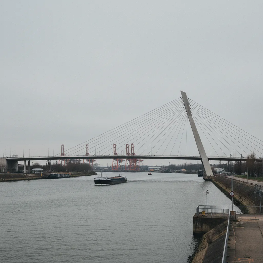 Le pont à haubans de Gennevilliers avec les grues du port fluvial en arrière-plan