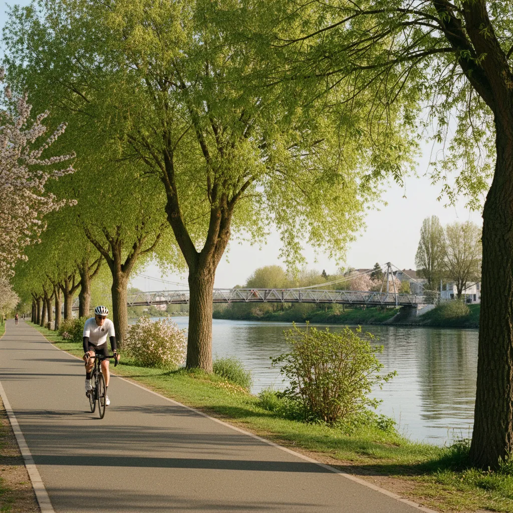 Cycliste sur le chemin de berge près de la passerelle piétonne de L'Île-Saint-Denis