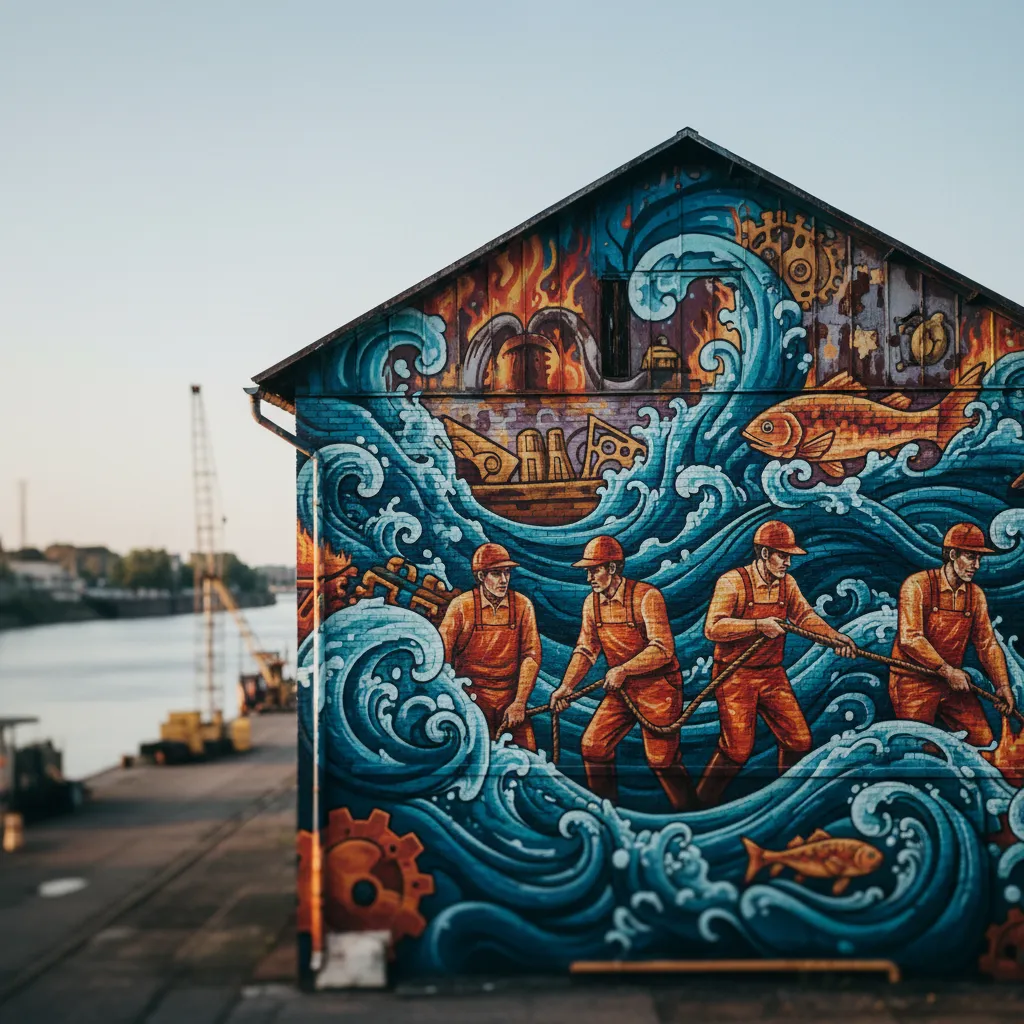 Fresque monumentale sur un entrepôt de la zone portuaire, réalisée dans le cadre du programme street art d'Haropa Port