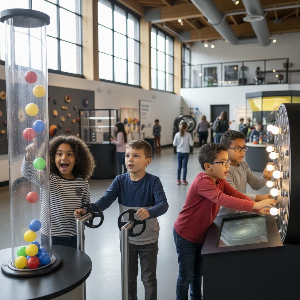 Enfants découvrant des installations interactives dans un musée des sciences près de Gennevilliers