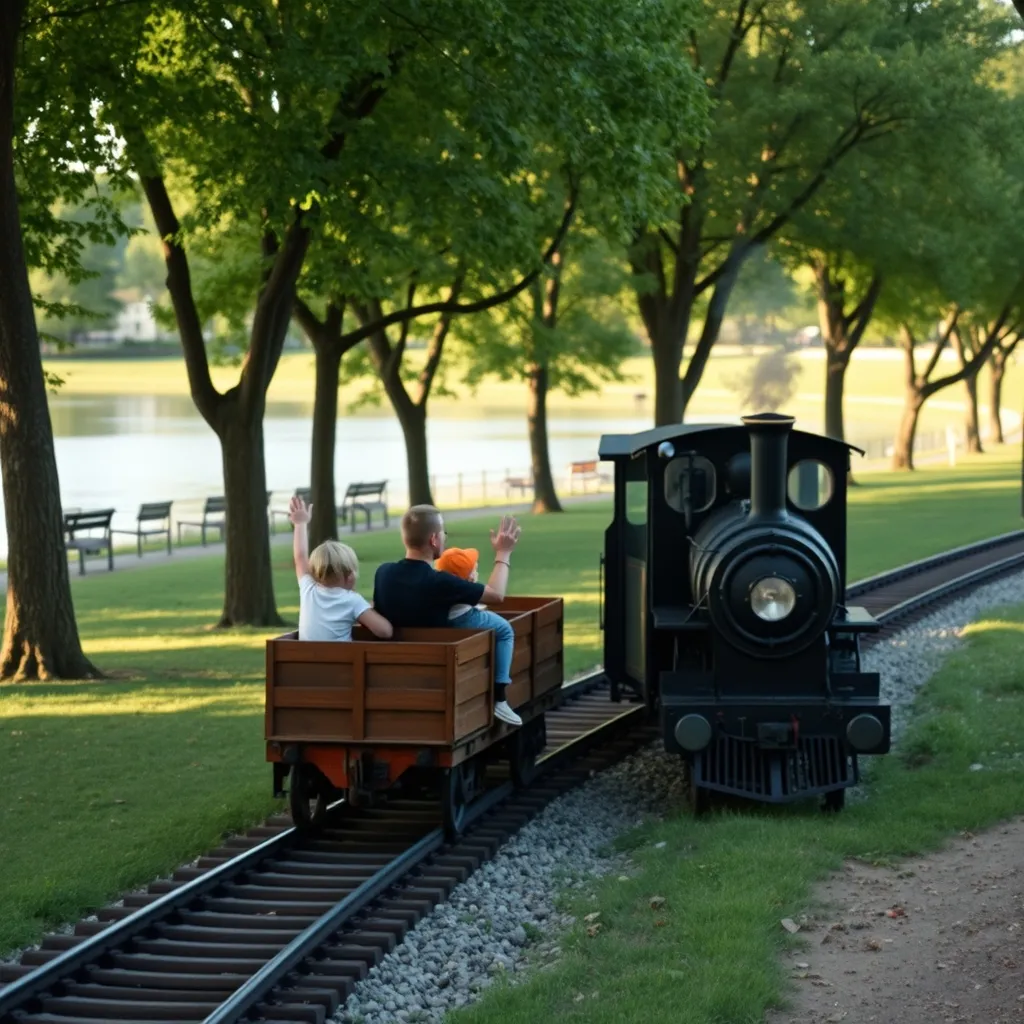 Le petit train du Chemin de Fer des Chanteraines longe le lac du parc