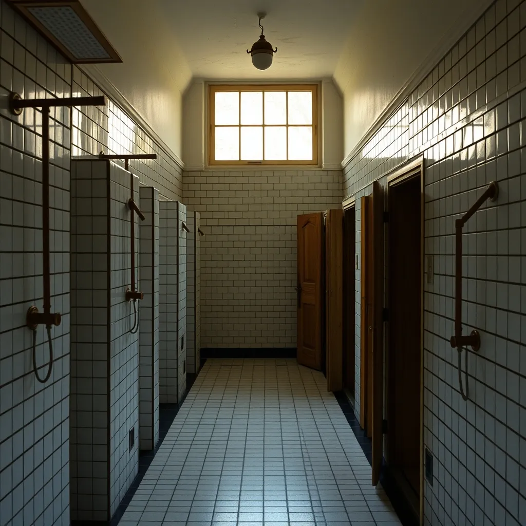 Couloir de cabines individuelles avec carrelage blanc et pommes de douche en cuivre dans un établissement de bains-douches des années 1930
