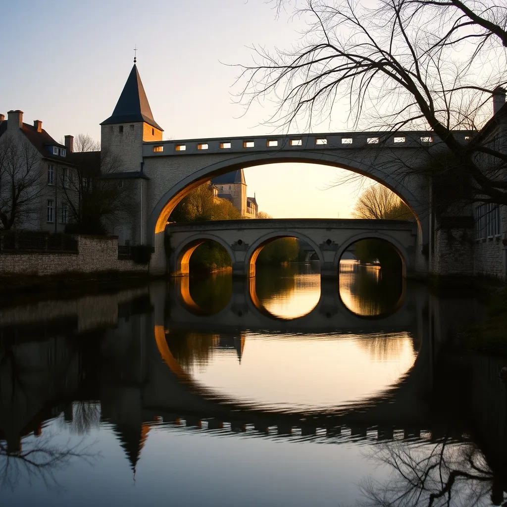 Le pont médiéval de Moret-sur-Loing au coucher du soleil, à la confluence du Loing et de la Seine