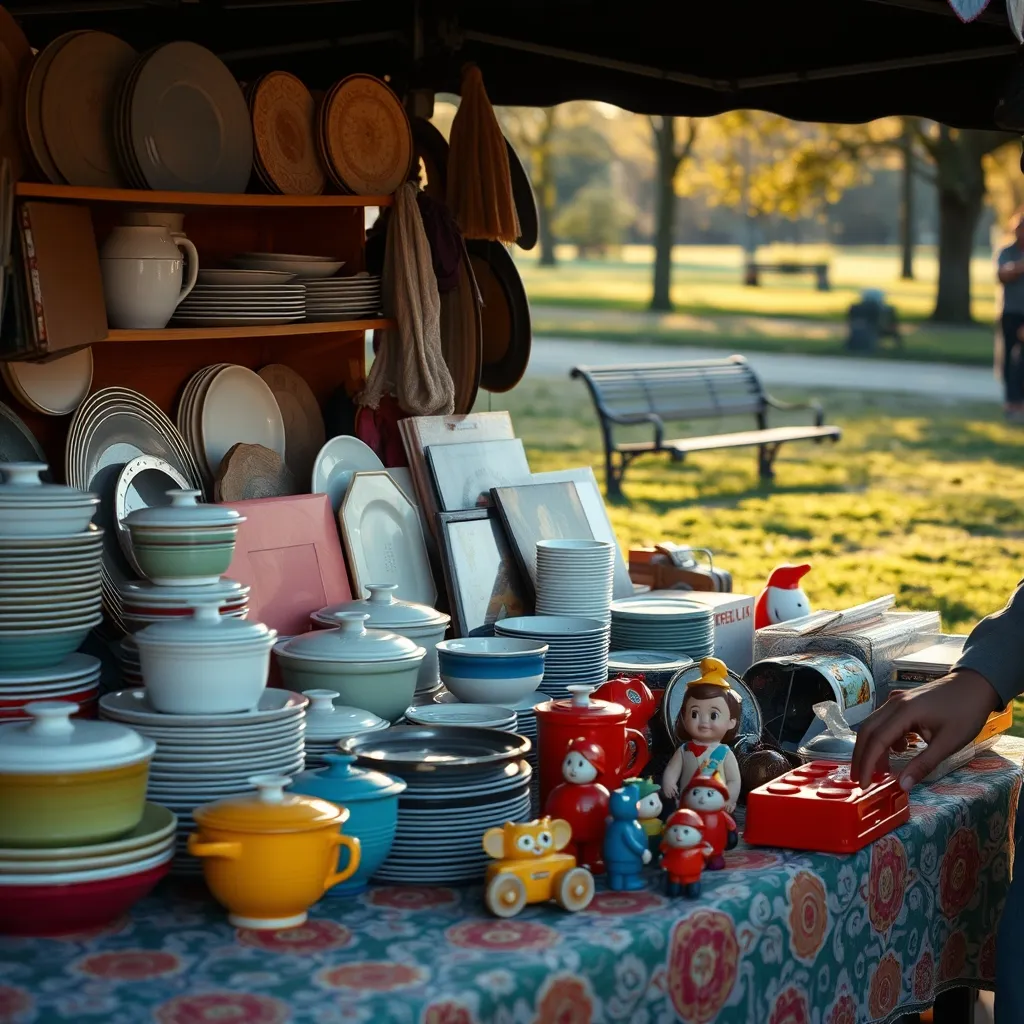 Vaisselle vintage et vinyles sur un étal de vide-greniers à Gennevilliers