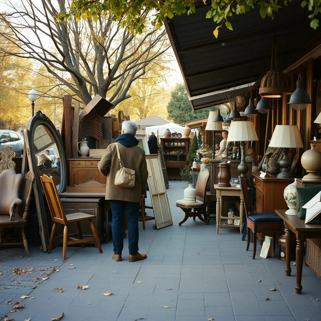 Mobilier chiné à la brocante d'automne de Colombes, sous la lumière dorée d'octobre