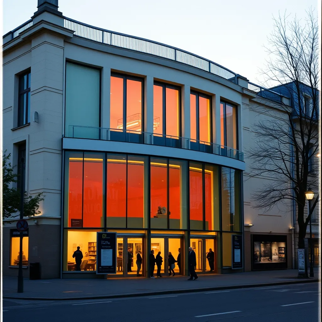Le Théâtre de Gennevilliers (T2G) en soirée, l'un des piliers de la programmation musicale locale