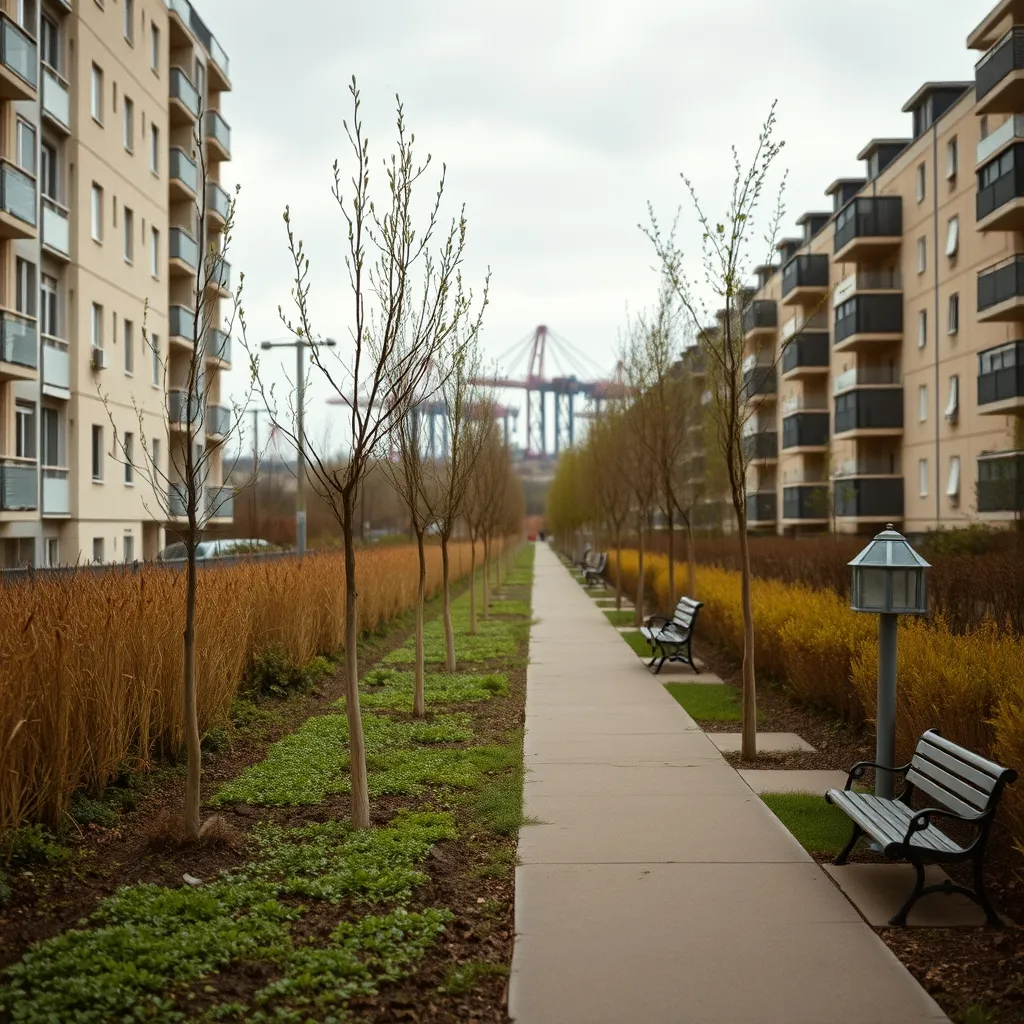 Promenade plantée de Gennevilliers avec le port fluvial en arrière-plan