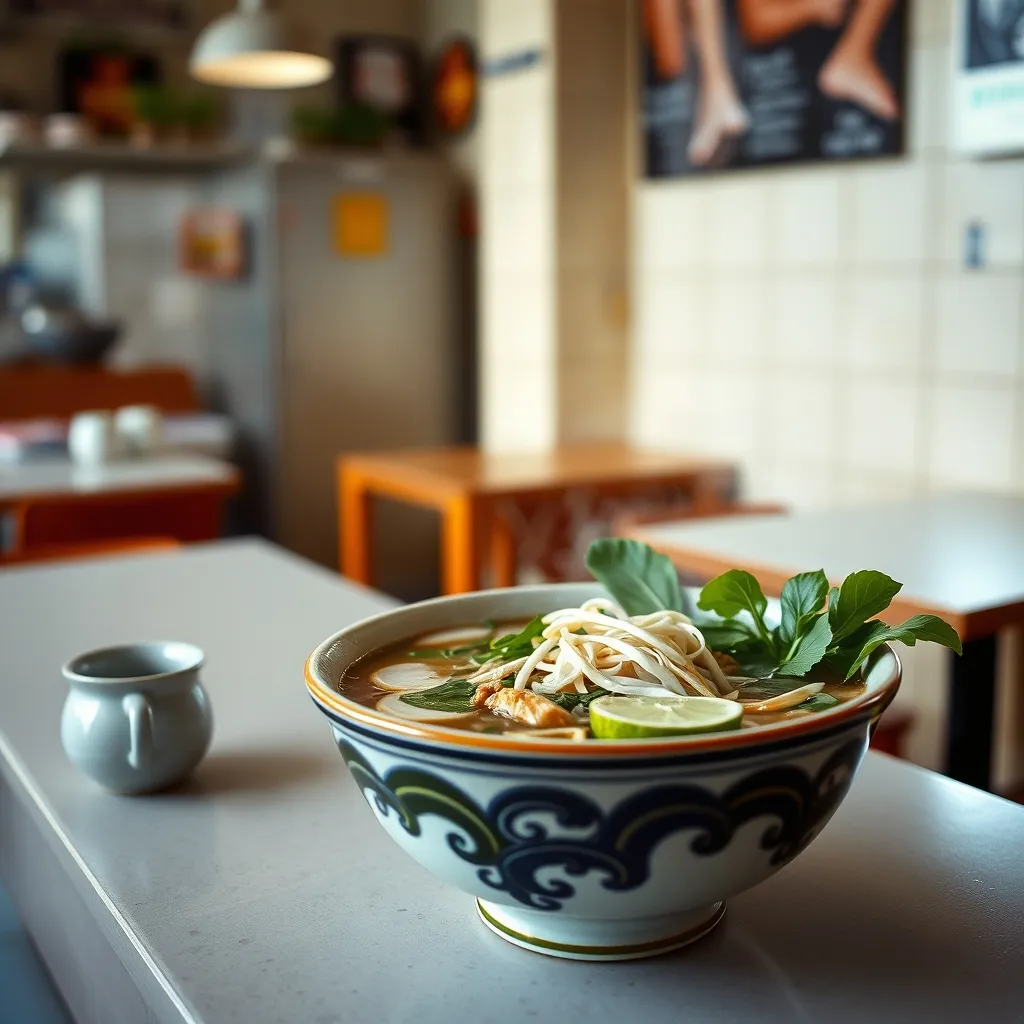 Un phở fumant garni de basilic thaï et de pousses de soja, servi dans un restaurant vietnamien de Gennevilliers