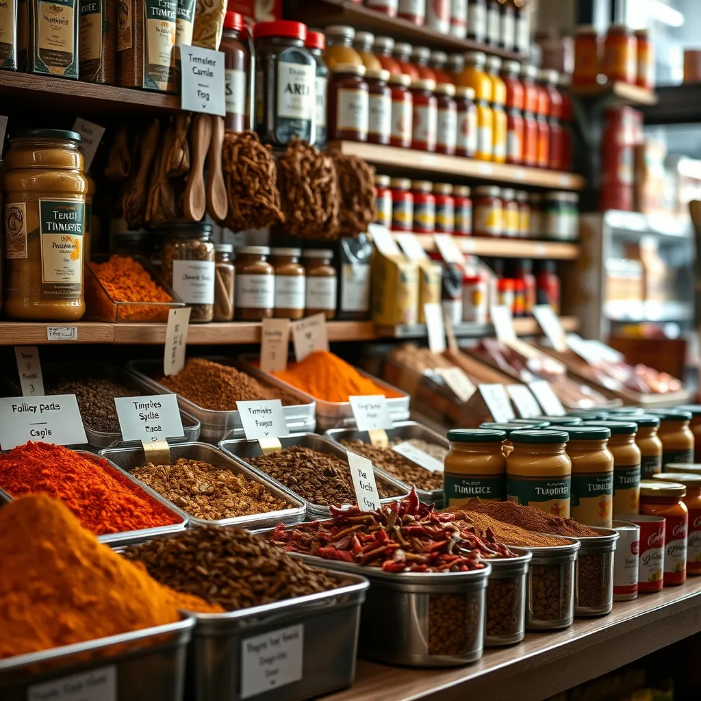 Épices en vrac dans une épicerie du monde à Gennevilliers : cumin, curcuma et piments séchés