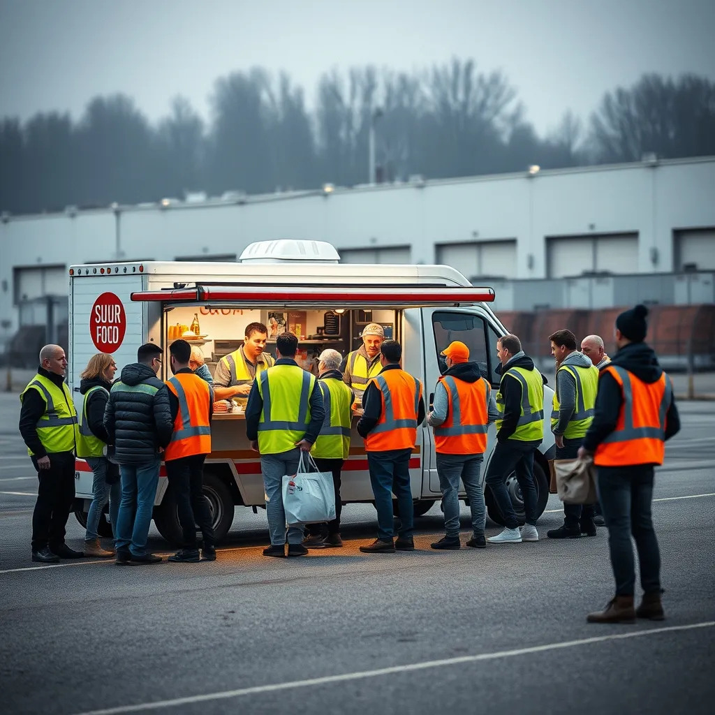 Un food truck à l'heure du déjeuner sur le parking d'une entreprise de la zone portuaire