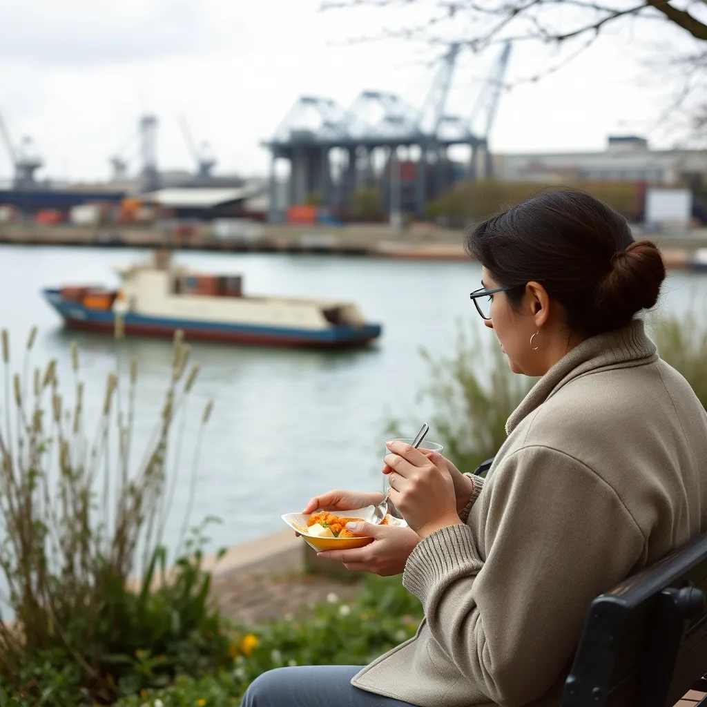 Pique-nique sur les berges de Seine à hauteur du port, entre verdure et péniches de fret