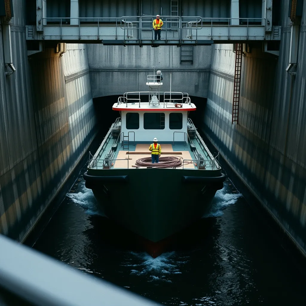 Une péniche de fret s'élève dans le grand sas de Chatou pendant le remplissage de l'écluse