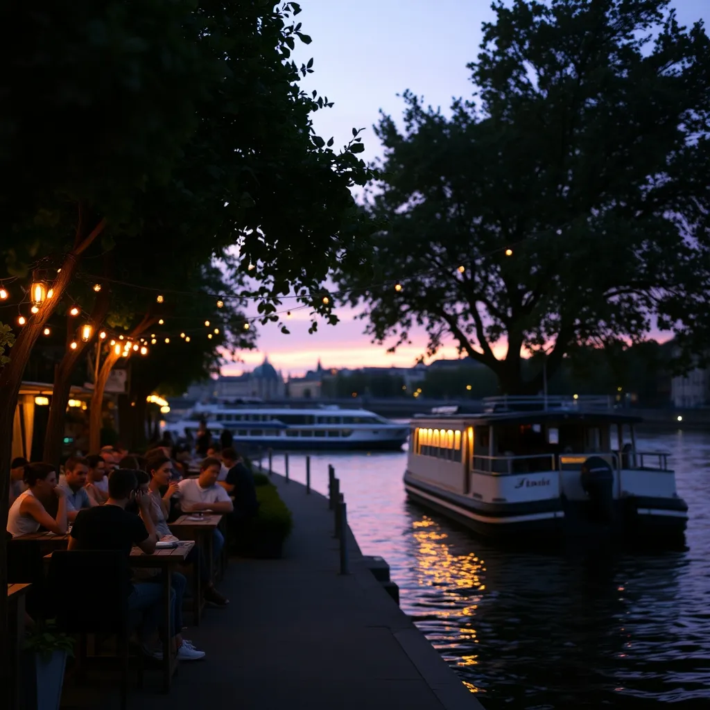 Les guinguettes éphémères des berges accueillent les visiteurs jusqu'à la tombée de la nuit