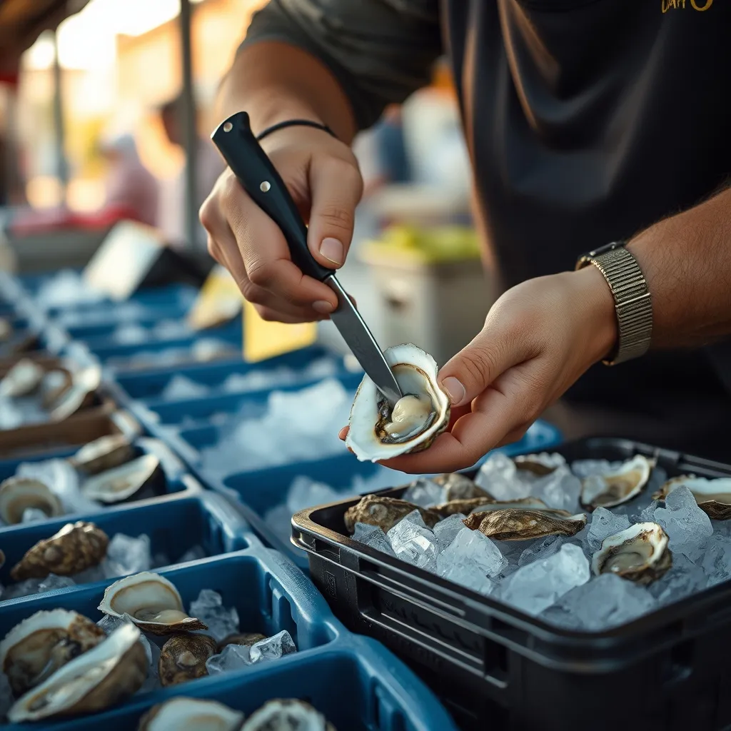 Un écailler ouvre des huîtres fraîches sur l'étal d'une poissonnerie de marché