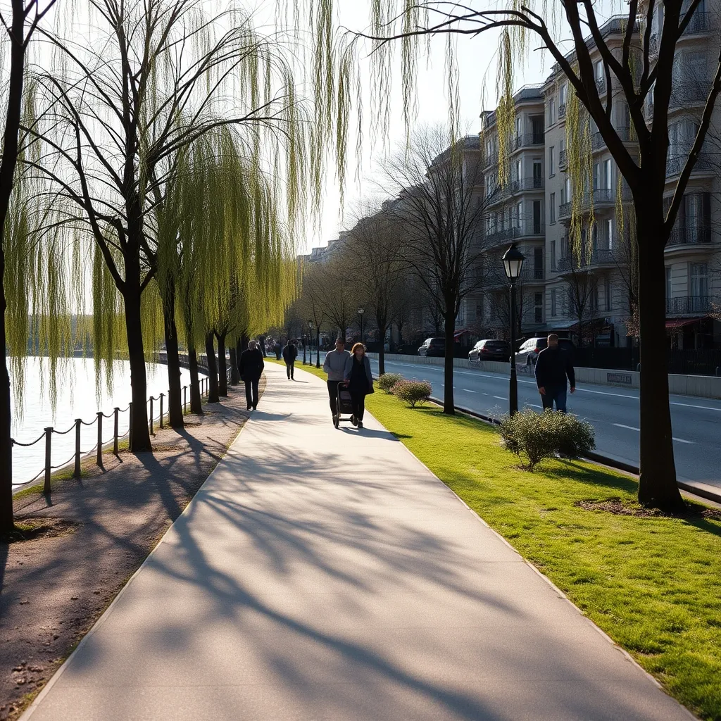Le chemin de berge aménagé sur la rive est de l'Île-Saint-Denis, accessible aux poussettes et aux vélos