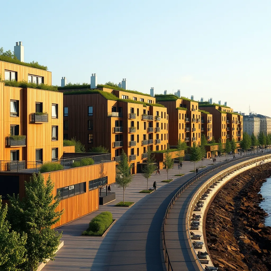 Les façades en bois de l'écoquartier olympique reconverti, le long du grand bras de Seine