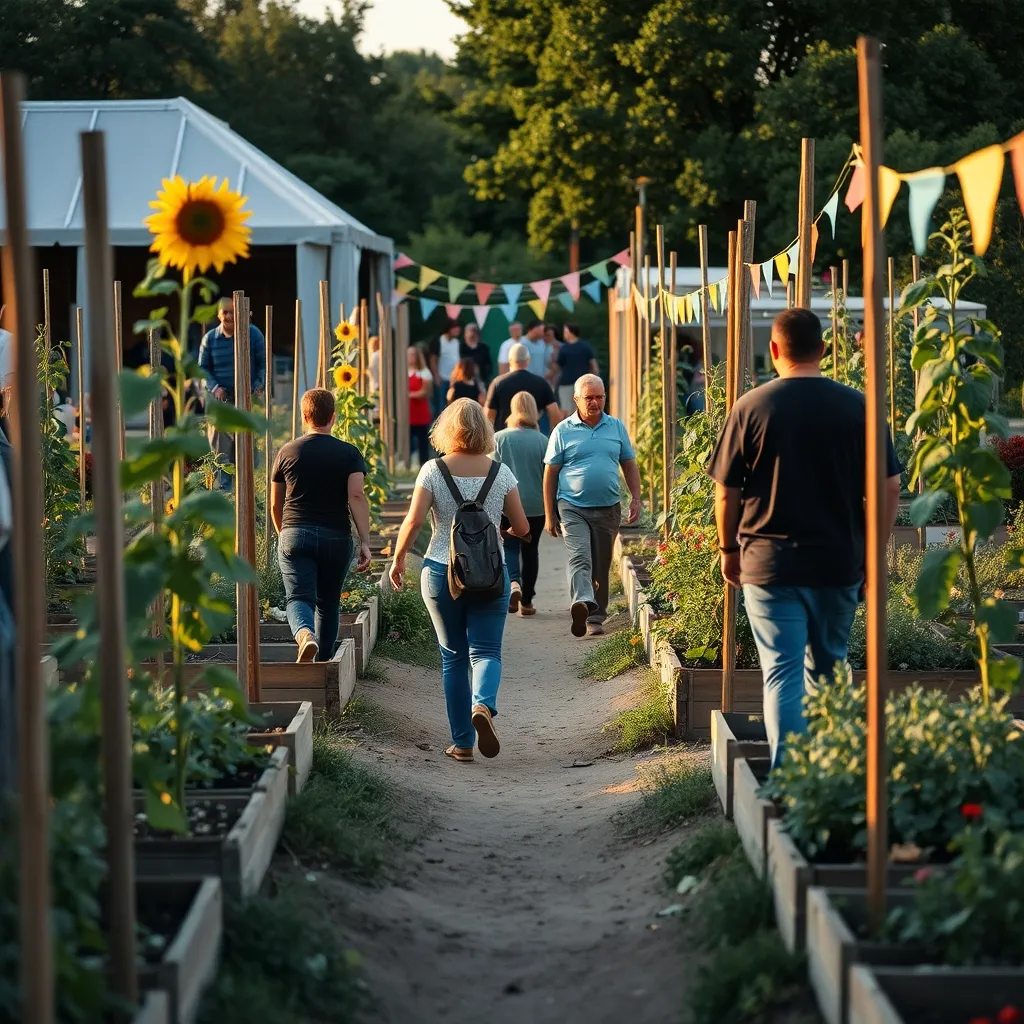 Journée portes ouvertes dans un jardin familial : visiteurs et jardiniers échangent entre les parcelles