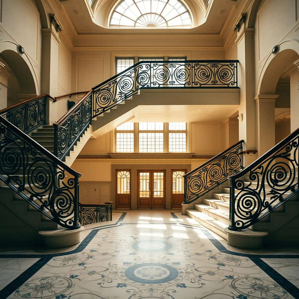 Le grand escalier et sa rampe en fer forgé Art déco, pièce maîtresse de l'édifice