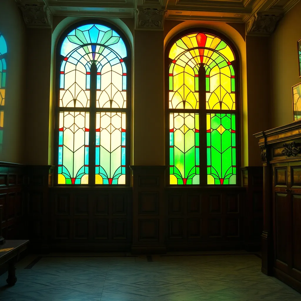 Vitraux Art déco de la salle des mariages, dans des tons bleu, ambre et vert