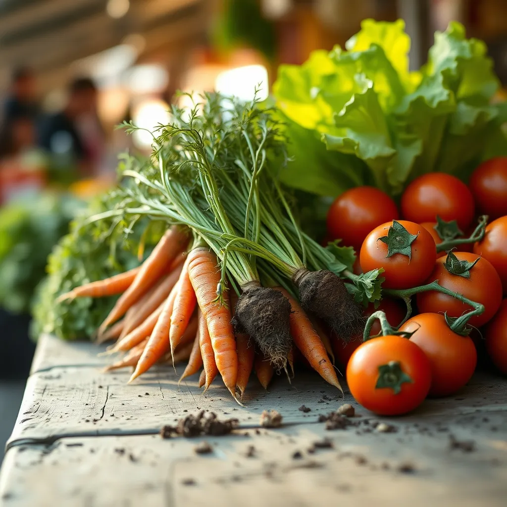 Carottes, tomates et salades bio fraîchement récoltées sur un étal du marché