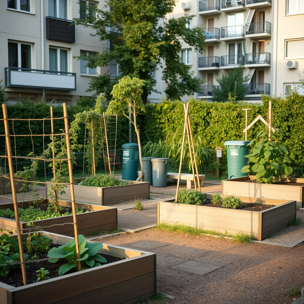 Jardin partagé du quartier du Village, entre parcelles potagères et immeubles
