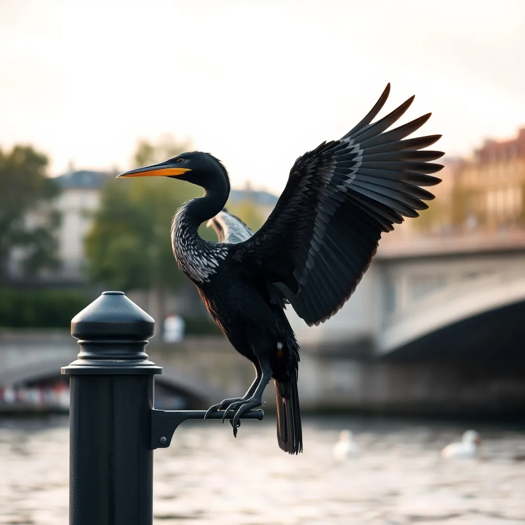 Grand cormoran séchant ses ailes sur un pieu de signalisation fluviale de la Seine