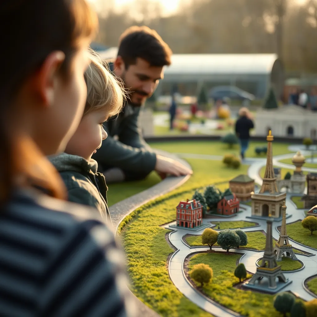 Une famille découvre les maquettes de monuments français à France Miniature