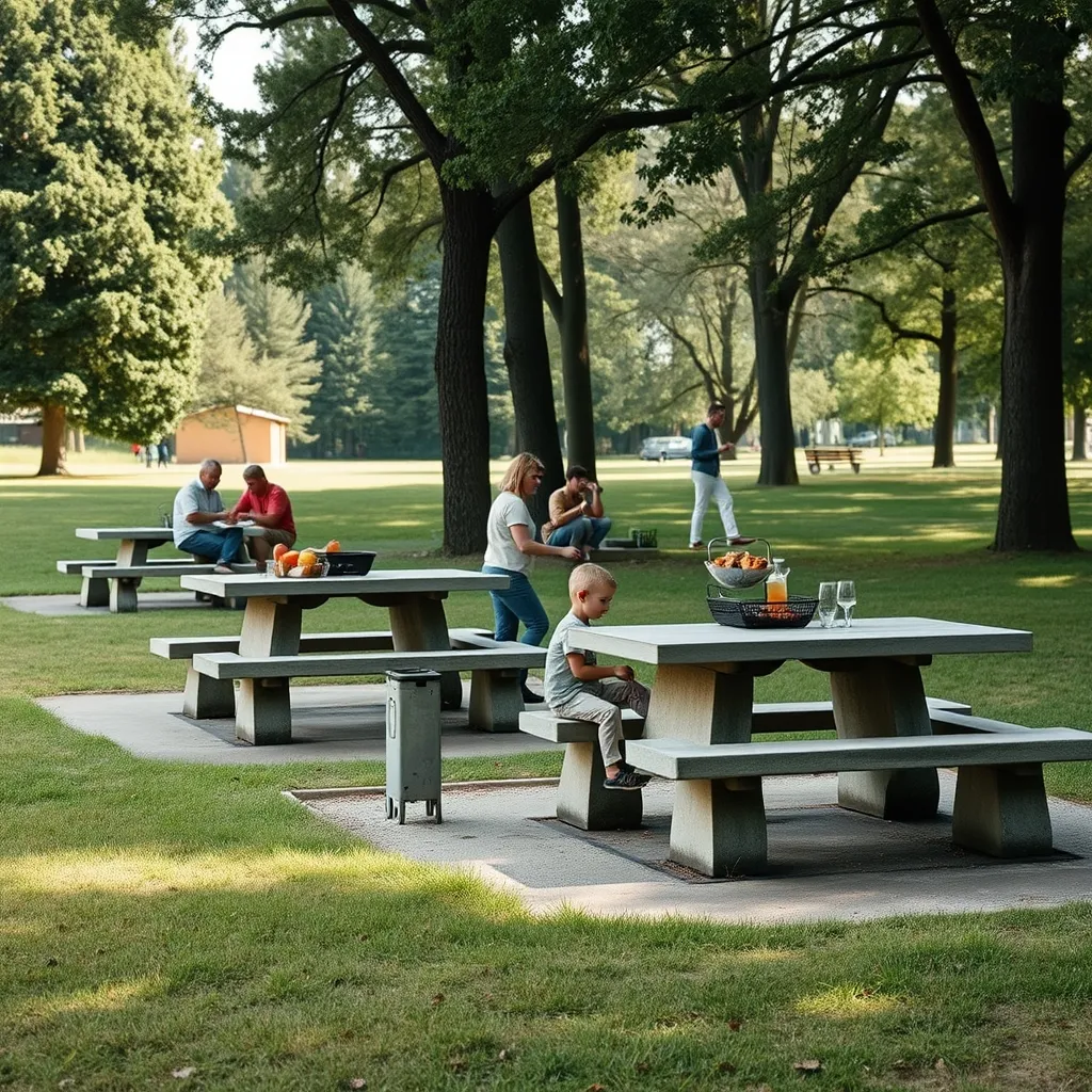 Aire de barbecue aménagée avec grilles fixes dans une base de loisirs régionale