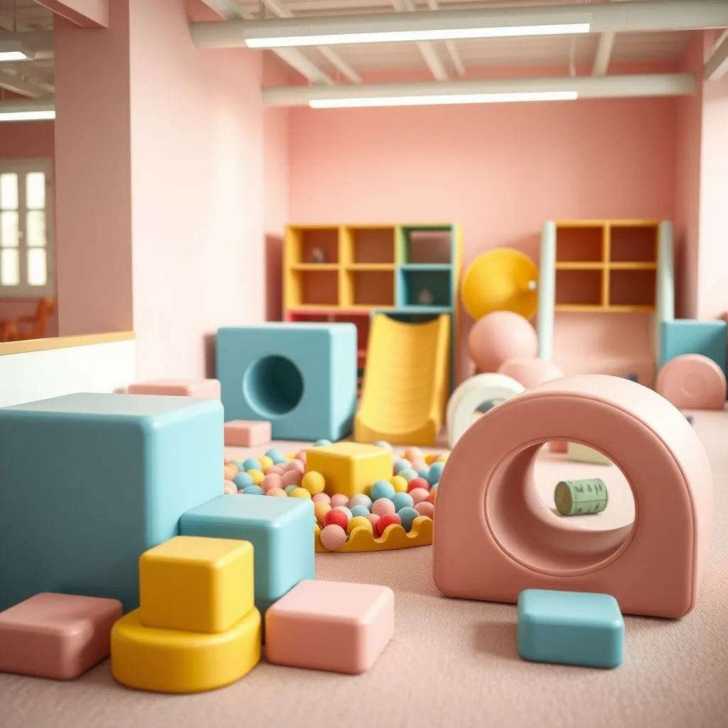 Espace dédié aux tout-petits avec modules en mousse et mini piscine à balles sécurisée