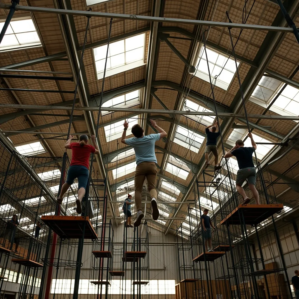 Parcours d'obstacles suspendu dans un complexe de loisirs indoor francilien