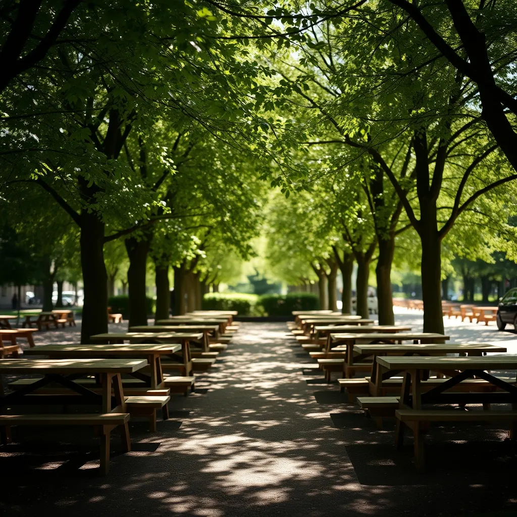Les tables de pique-nique ombragées par les tilleuls dans la partie nord du parc