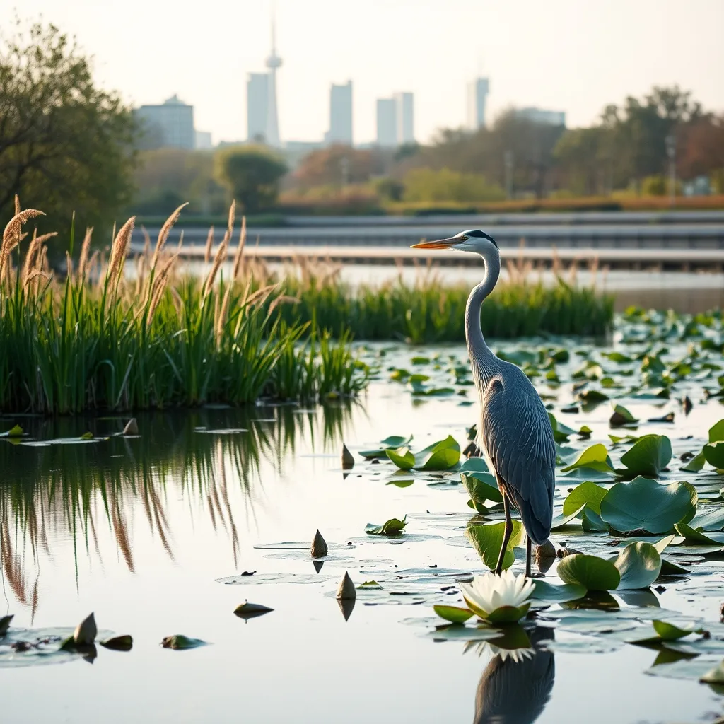 Le premier plan d'eau du parc avec ses roseaux et un héron cendré en observation