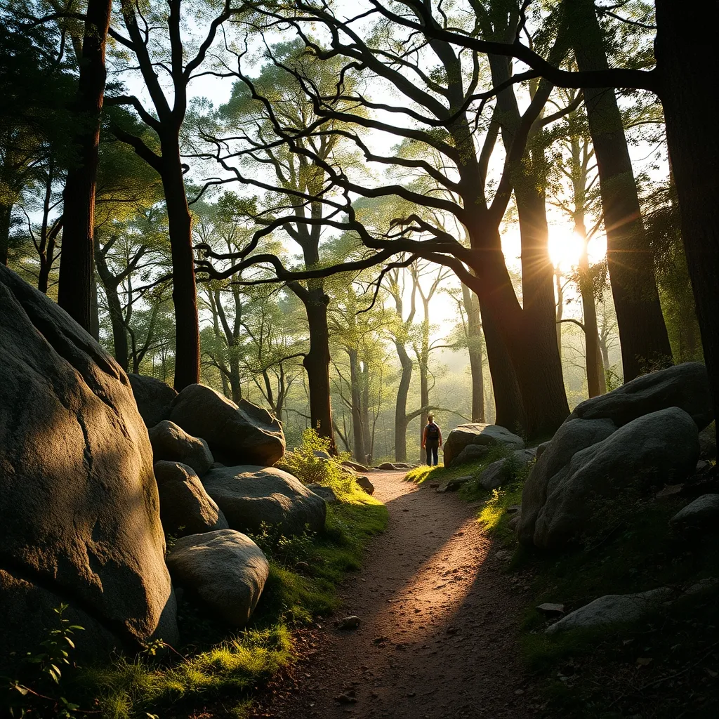 Sentier de randonnée en forêt de Fontainebleau, entre chaos rocheux et chênes centenaires