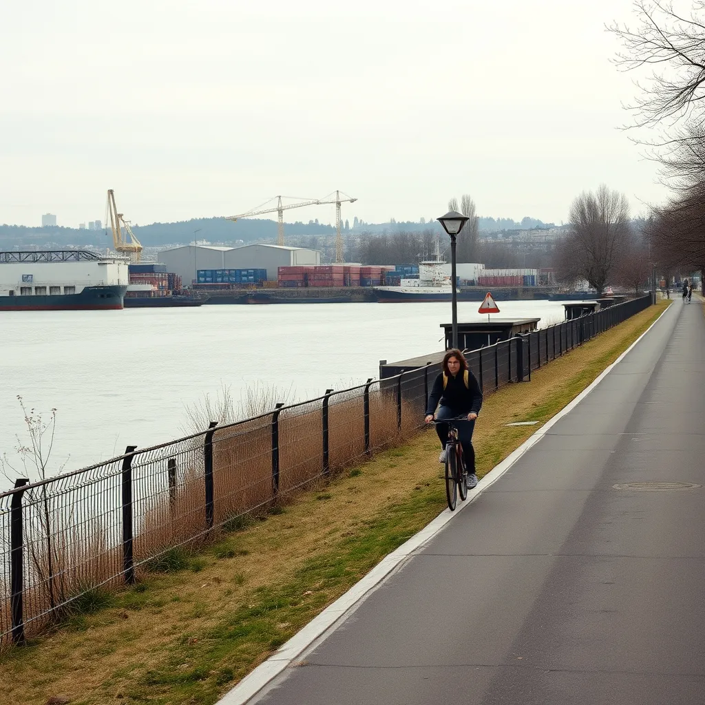 Voie cyclable le long des berges de Seine en banlieue nord, entre zone portuaire et chemin de halage