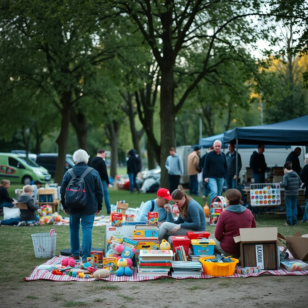 Un vide-grenier de quartier dans un parc de banlieue, ambiance familiale et prix doux