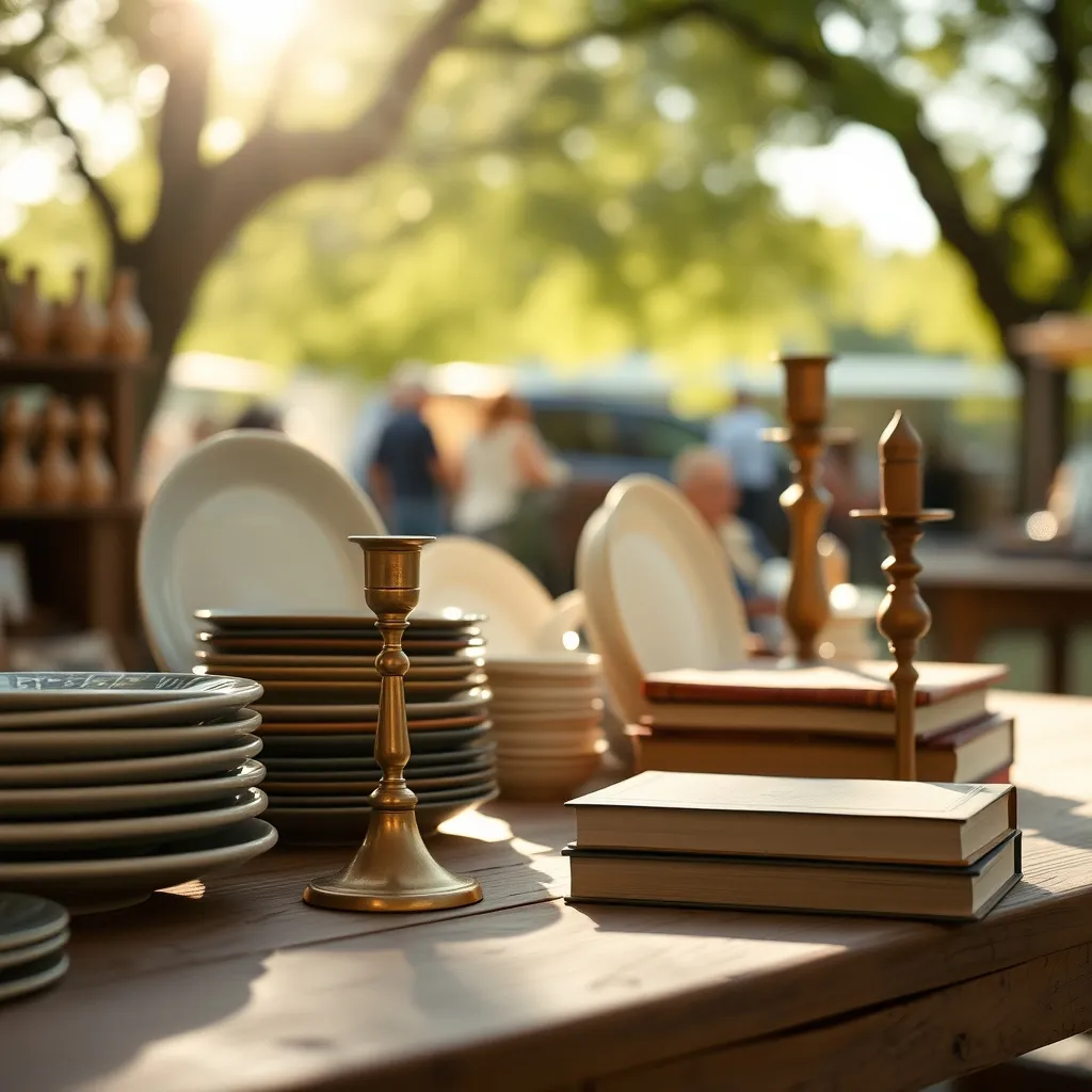 Céramiques, cuivres et livres anciens sur un étal de brocante en petite couronne parisienne