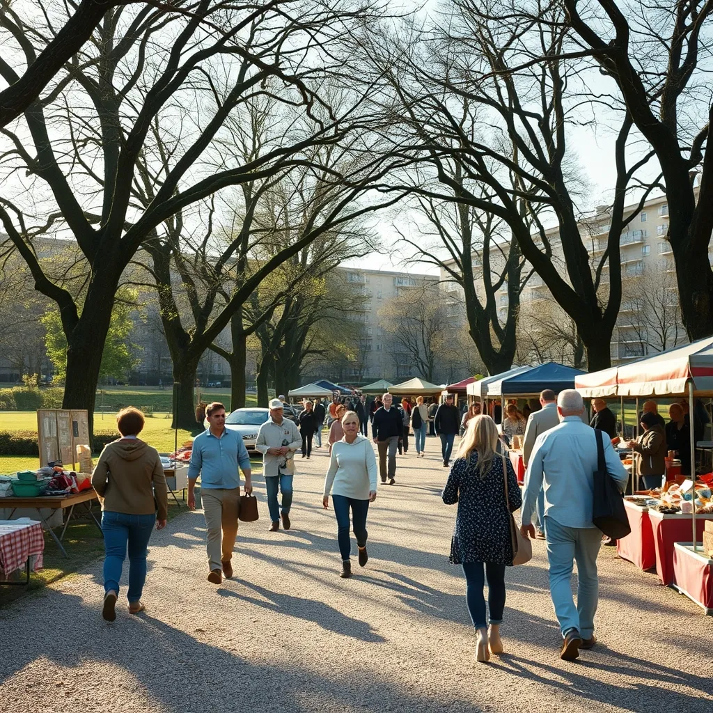 Ambiance familiale lors d'un vide-grenier dans un parc municipal du 93