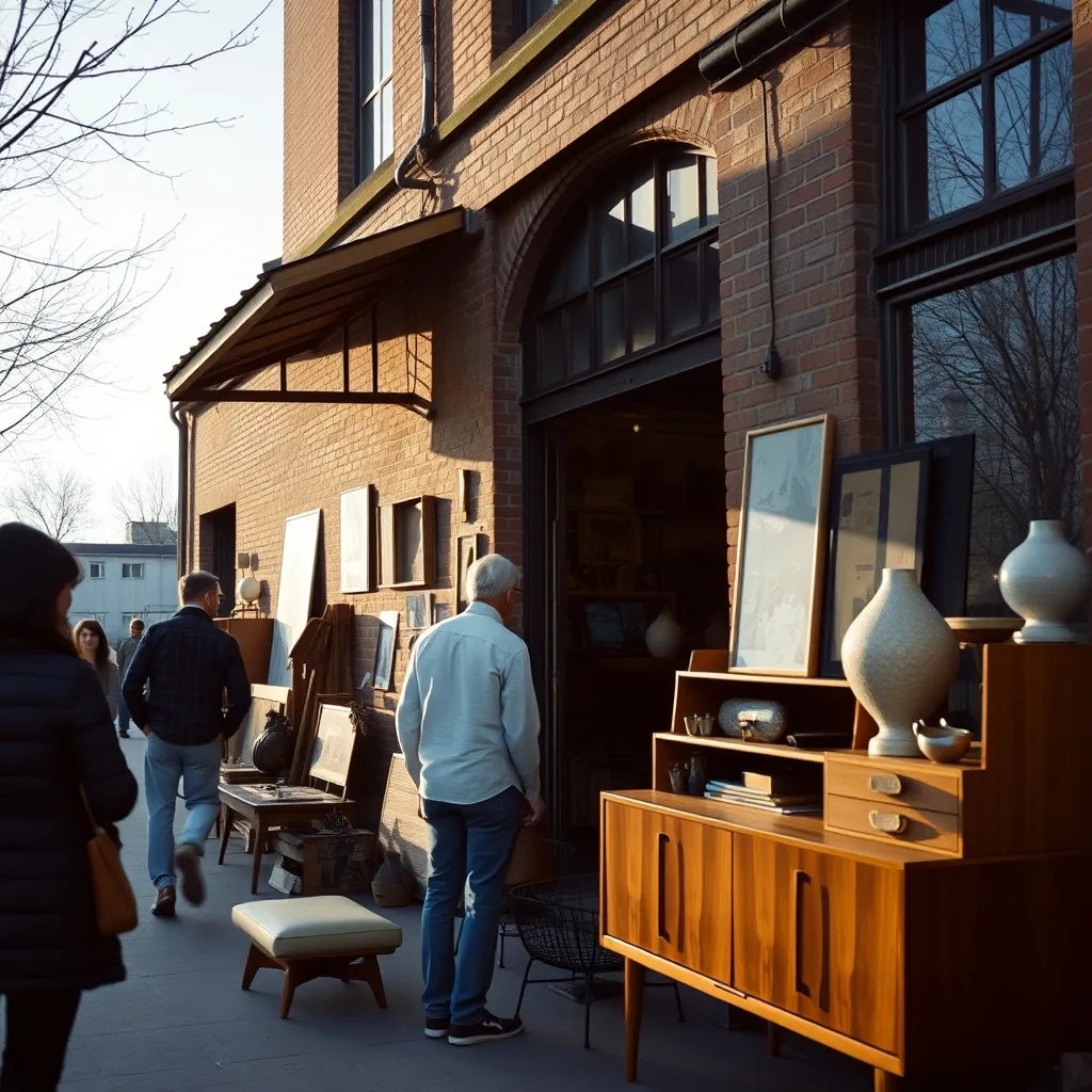 Mobilier mid-century devant un ancien atelier industriel reconverti, typique des brocantes de Montreuil