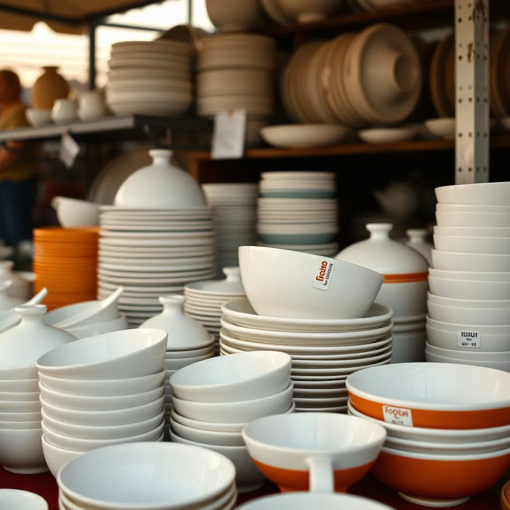 Vaisselle vintage Arcopal et faïence sur un étal de brocante