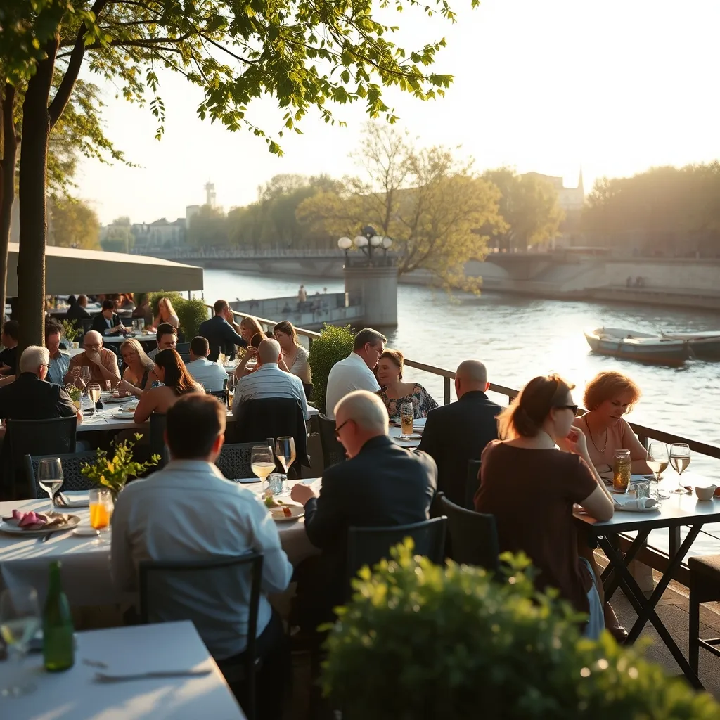 Terrasse de l'Aqua Restaurant à Suresnes au bord de la Seine le dimanche matin