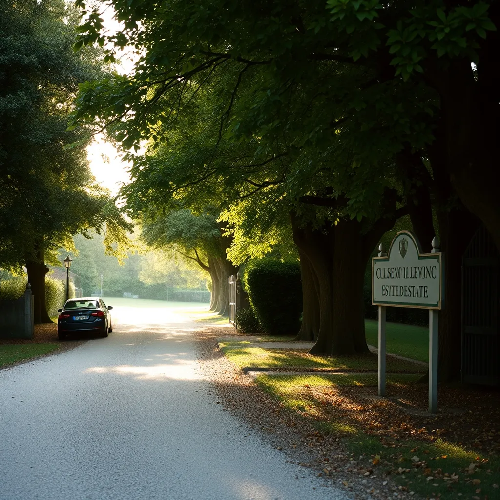 L'allée d'accès au domaine traverse un parc boisé qui isole le campus du monde extérieur